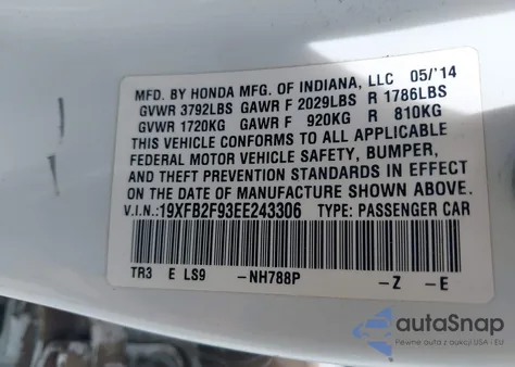 2014 Honda Civic Ex-L z USA, uszkodzony, nr VIN 19XFB2F93EE243306